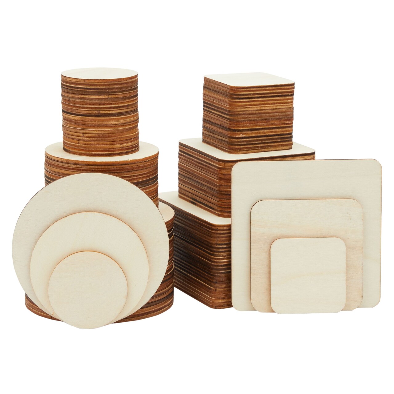 Set of 130 Unfinished Wooden Squares and Circles for Wood Burning Projects, DIY Crafts (3 Sizes/Shape)